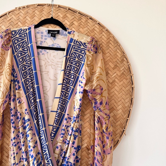 ANALILI 100% SILK  FAUX WRAP DRESS SHEER CUFF SLEEVES BOHO LAGEN-LOOK RESORTWEAR - Picture 5 of 12